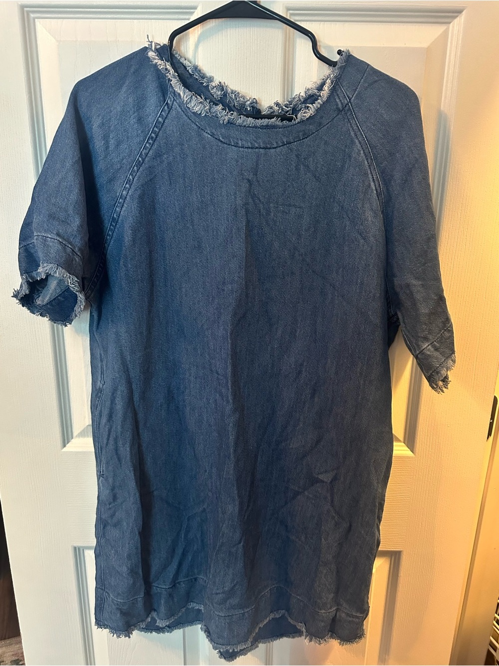 Frayed Edge Chambray Tunic Dress - Blue